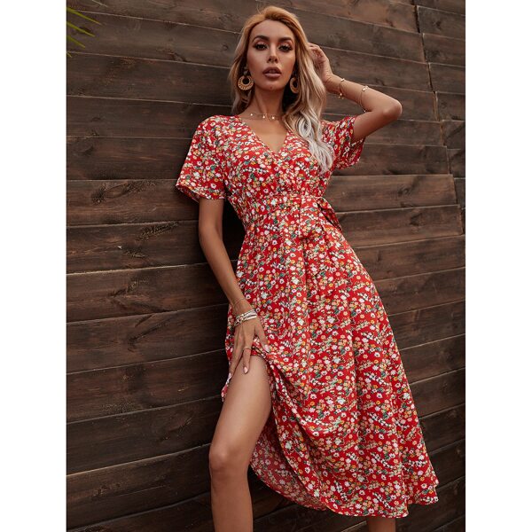

Ditsy Floral Surplice Neck Belted Dress, Multicolor
