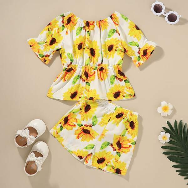 

Toddler Girls Sunflower Print Peplum Top & Shorts, Multicolor