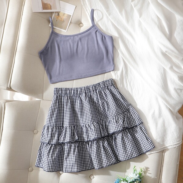 

Crop Cami Top & Gingham Ruffle Skirt Set, Multicolor