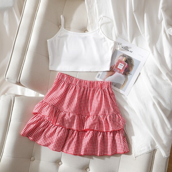 

Crop Cami Top & Gingham Ruffle Skirt Set, Red and white