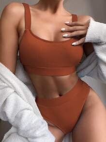 Conjunto de bikini acanalado sólido con cintura alta - Óxido marrón - Ver 1