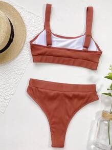 Conjunto de bikini acanalado sólido con cintura alta - Óxido marrón - Ver 2