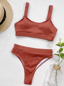 Conjunto de bikini acanalado sólido con cintura alta - Óxido marrón - Ver 3