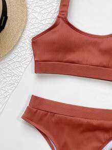 Conjunto de bikini acanalado sólido con cintura alta - Óxido marrón - Ver 4