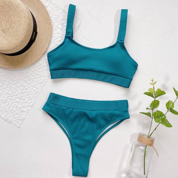 

Solid Ribbed High Waisted Bikini Swimsuit, Teal blue