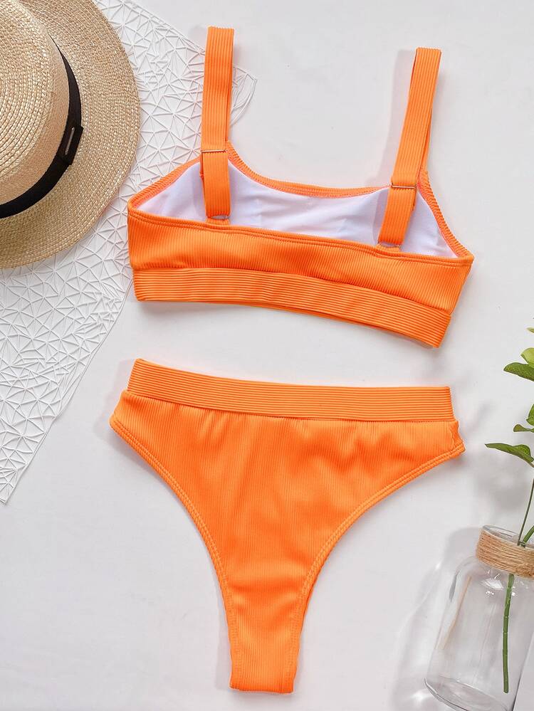 Solid Ribbed High Waisted Bikini Set, For Summer Beach Vacation - Orange - View 2