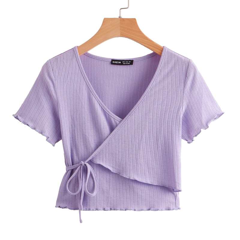 

Ribbed Lettuce Trim Wrap Top, Lilac purple