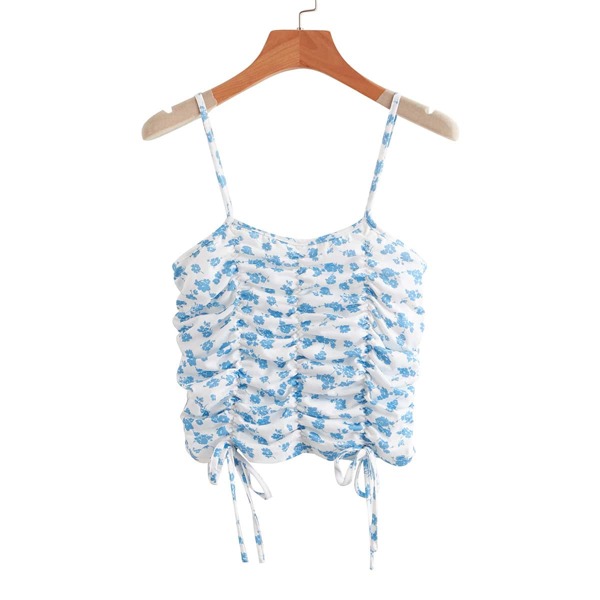 

Drawstring Front Ruched Floral Print Cami Top, Blue and white