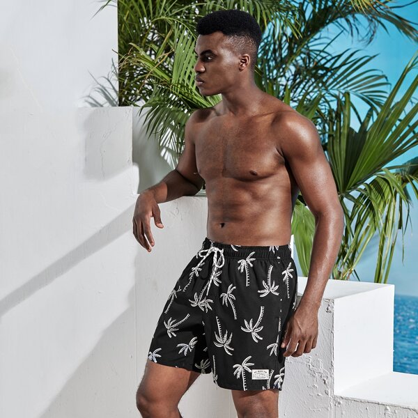 

Men Palm Tree Print Drawstring Waist Swim Trunks, Black