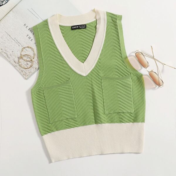 

Patch Pocket Colorblock Sweater Vest, Olive green