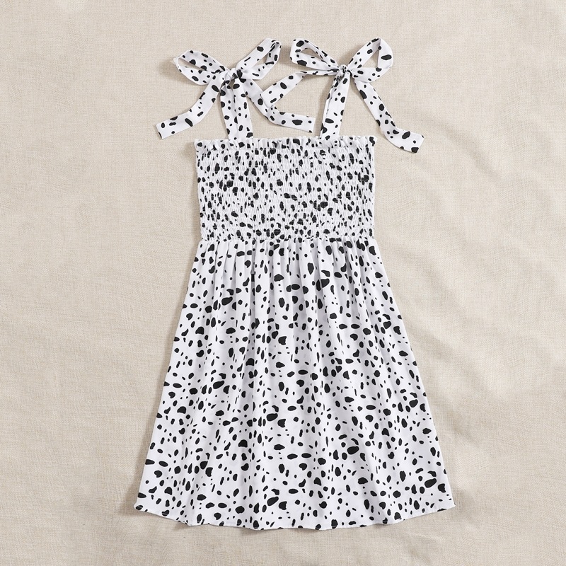 

Knot Shoulder Shirred Dalmatian Dress, Black and white