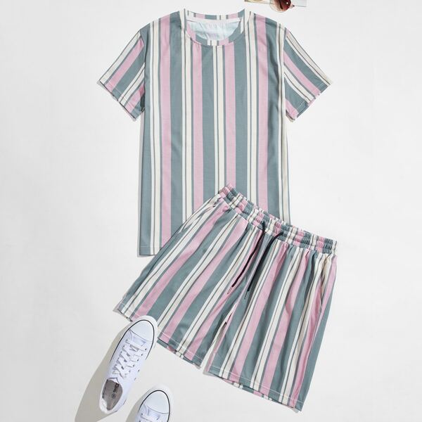 

Men Colorful Striped Tee With Drawstring Shorts, Multicolor