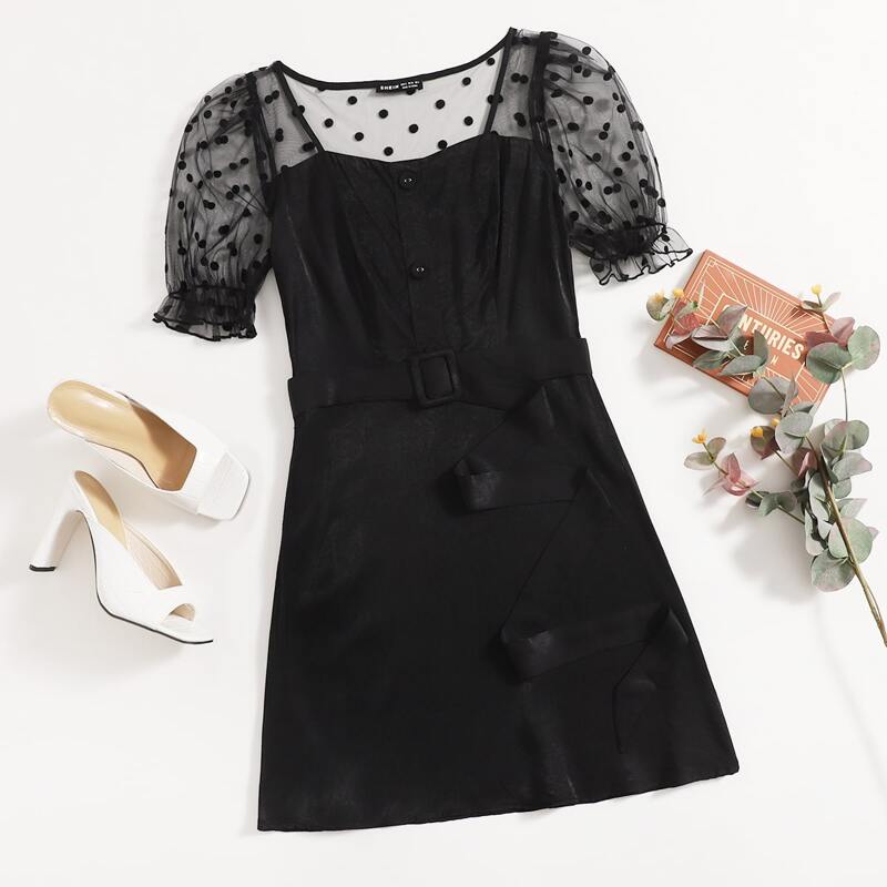 

Contrast Dobby Mesh Sleeve Belted Dress, Black