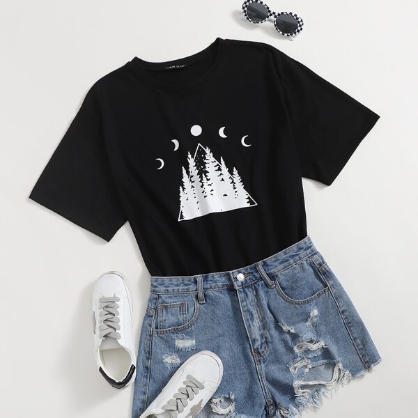 

Drop Shoulder Geo & Plants Print Tee, Black
