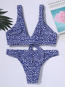 SHEIN Swim Dalmatian Knot Front Bikini Set, For Summer Beach Vacation - Blue and White - View 2