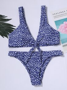 SHEIN Swim Dalmatian Knot Front Bikini Set, For Summer Beach Vacation - Blue and White - View 3