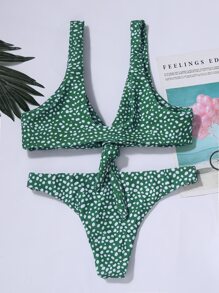 Conjunto de bikini con nudo delantero con estampado dálmata, para vacaciones en la playa de verano - Verde - Ver 2