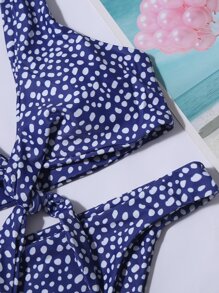 SHEIN Swim Dalmatian Knot Front Bikini Set, For Summer Beach Vacation - Blue and White - View 4
