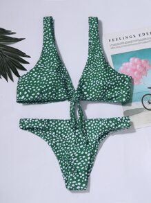 Conjunto de bikini con nudo delantero con estampado dálmata, para vacaciones en la playa de verano - Verde - Ver 3