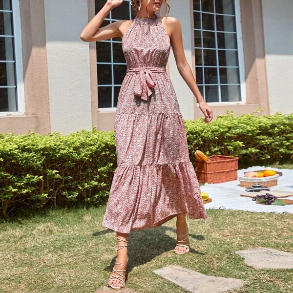 

Ditsy Floral Belted Swing Dress, Red and white