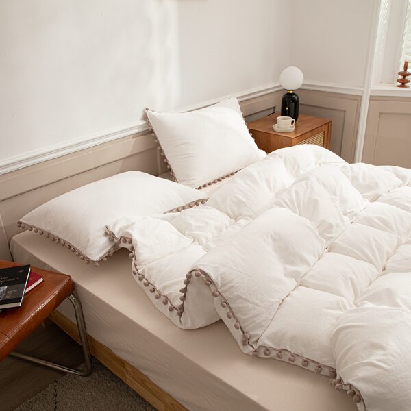 

Solid Color Pom Pom Fringe Duvet Cover Set Without Filler, White