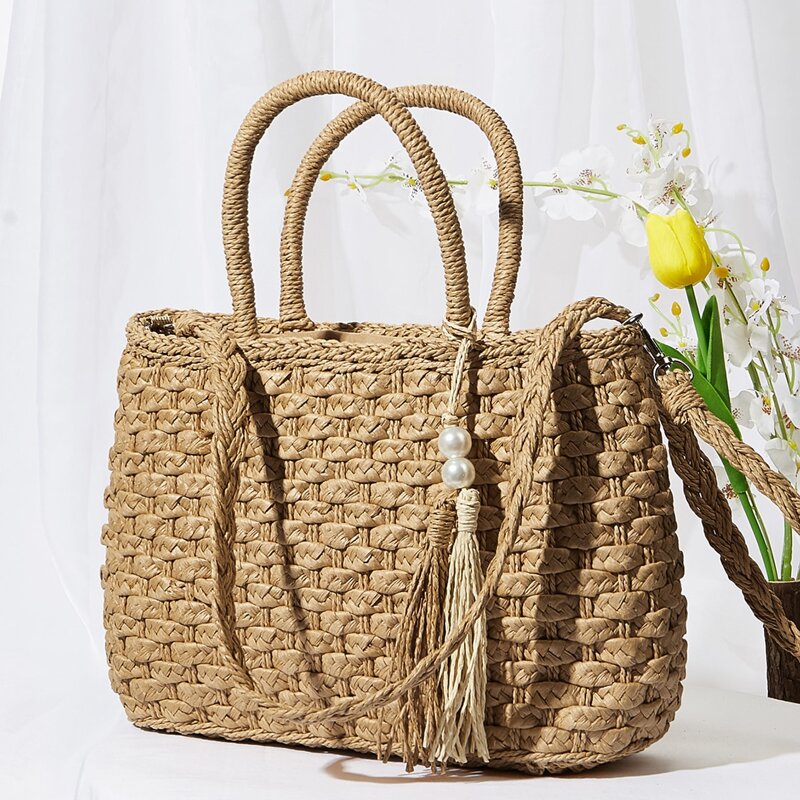 

Tassel Charm Straw Satchel Bag, Khaki