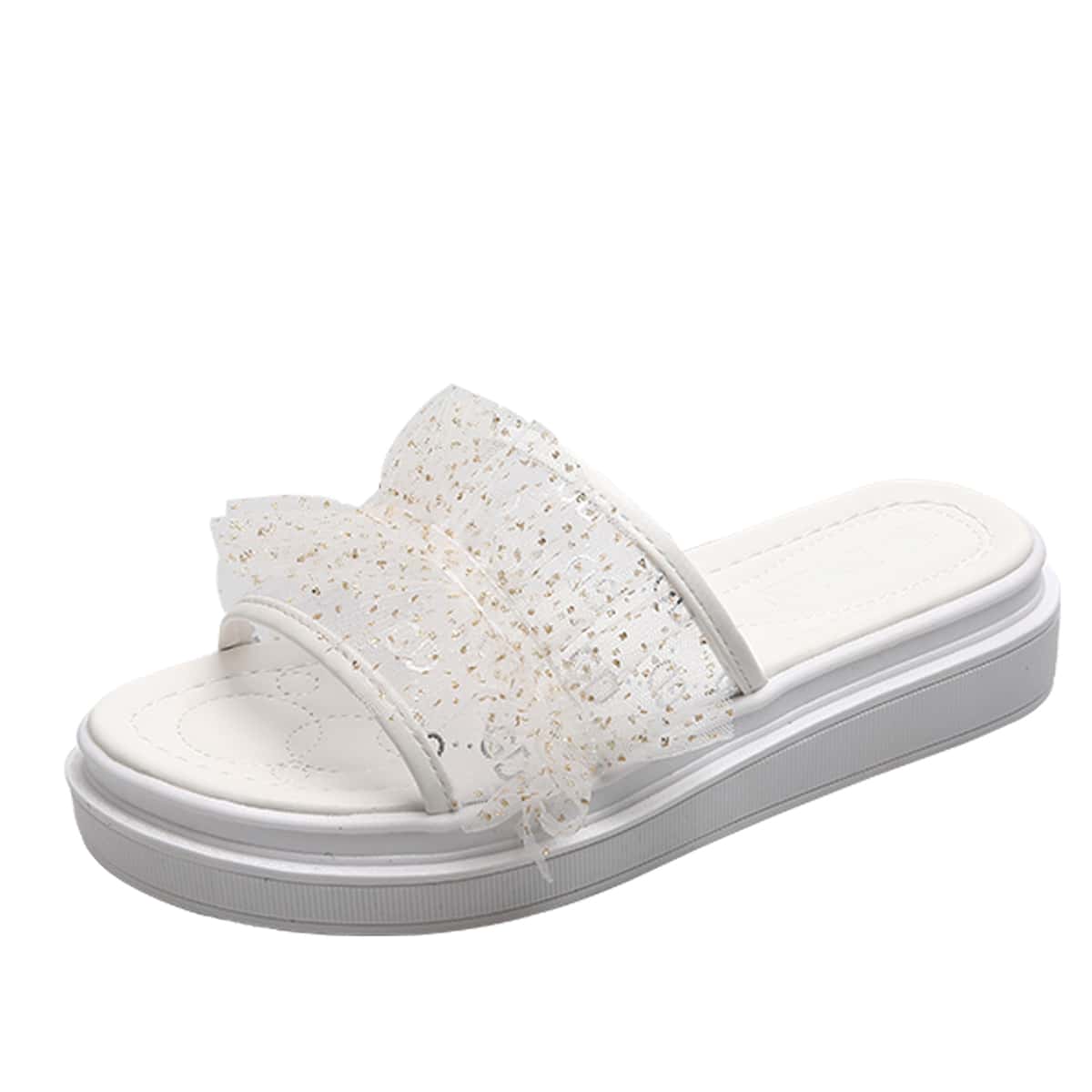 

Mesh Ruffle Slide Sandals, Beige