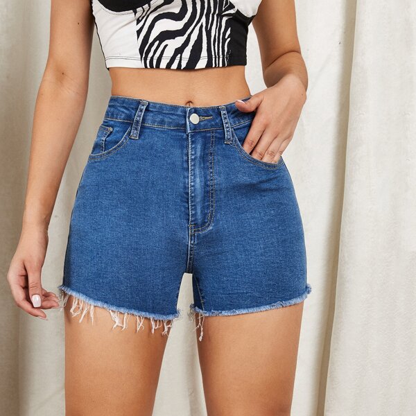 

Slant Pocket Raw Hem Denim Shorts, Medium wash
