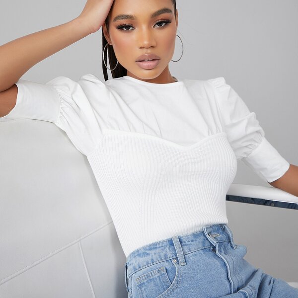 

Contrast Poplin Puff Sleeve Ribbed Knit Top, White