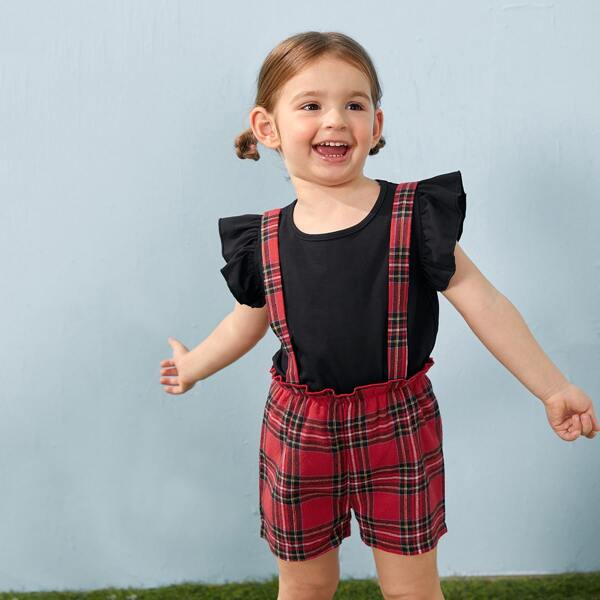 

Toddler Girls Ruffle Trim Top With Plaid Suspender Shorts, Multicolor