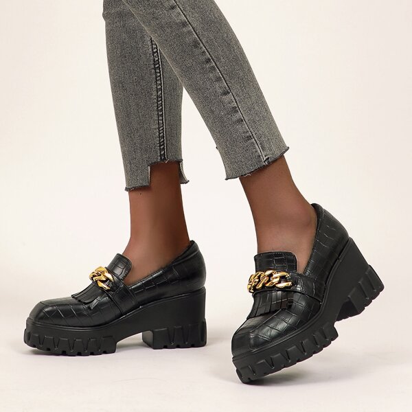

Chain Decor Croc Embossed Wedge Loafers, Black