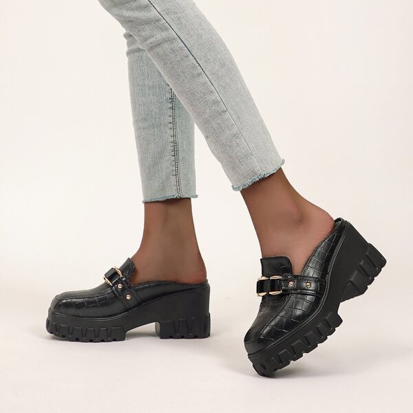 

Croc Embossed Wedge Mules, Black