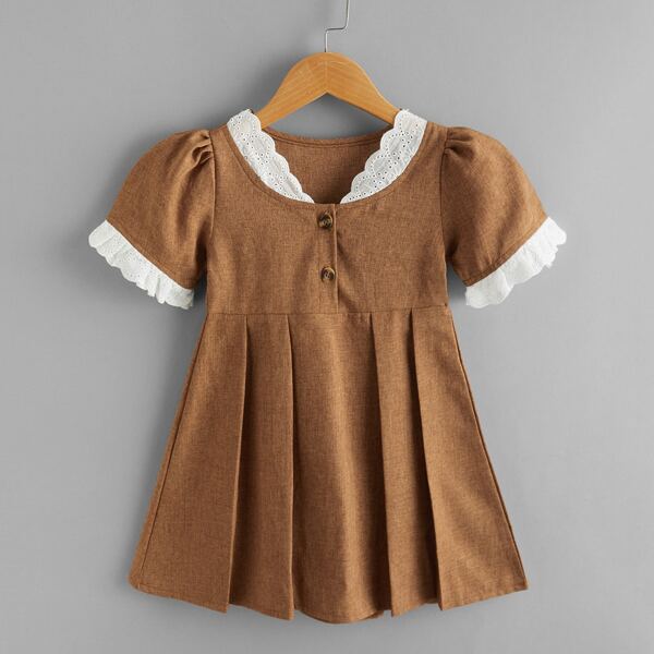 

Toddler Girls Contrast Schiffy Trim Puff Sleeve Dress, Brown