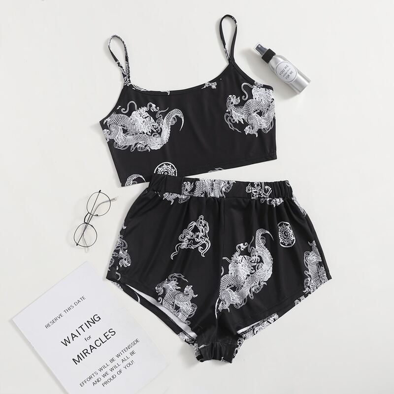 

Chinese Dragon Print Cami Pajama Set, Black