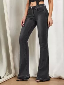 Jeans de lavado mid de pierna ancha - Negro - Ver 1
