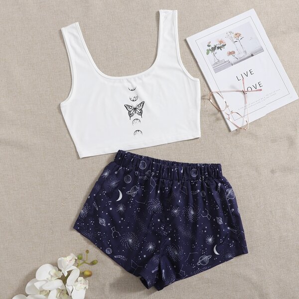 

Butterfly Print Pajama Set, Blue and white