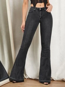 Jeans de lavado mid de pierna ancha - Negro - Ver 5