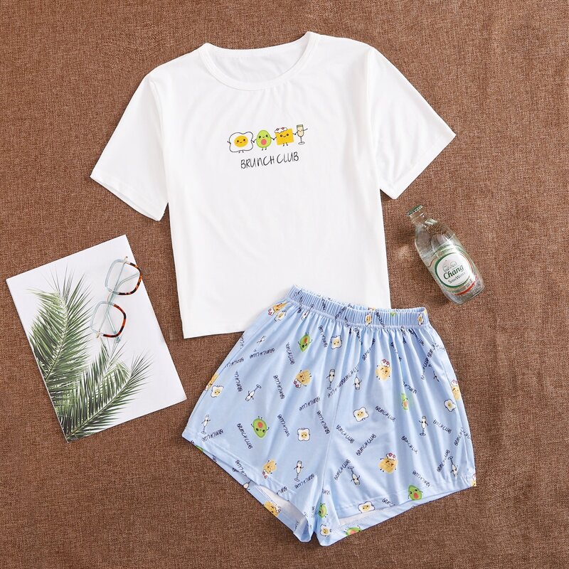 

Letter & Cartoon Graphic Pajama Set, Blue and white