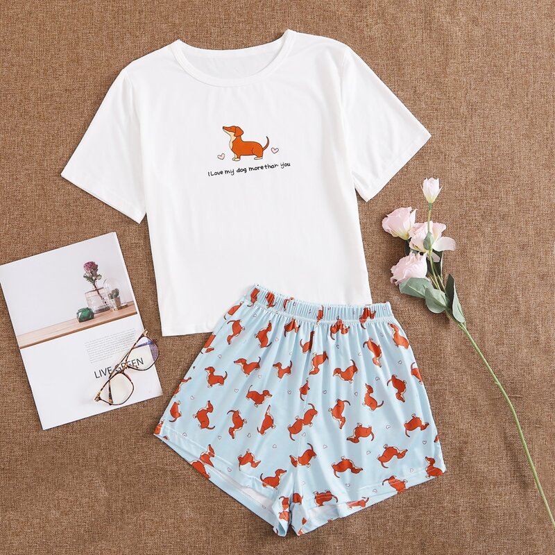 

Slogan & Cartoon Graphic Pajama Set, Multicolor
