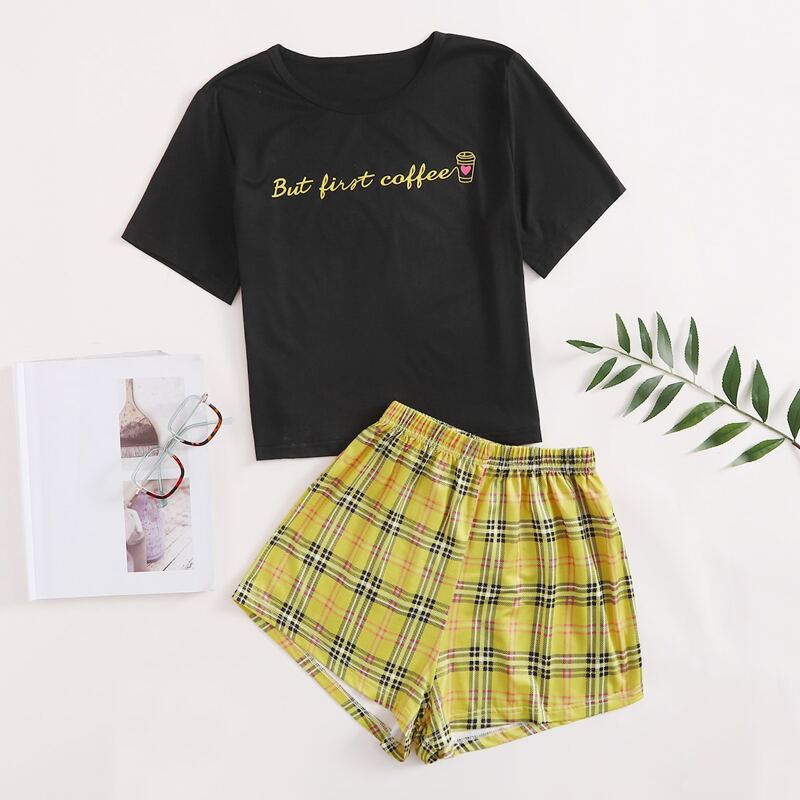 

Slogan & Plaid Print Pajama Set, Multicolor