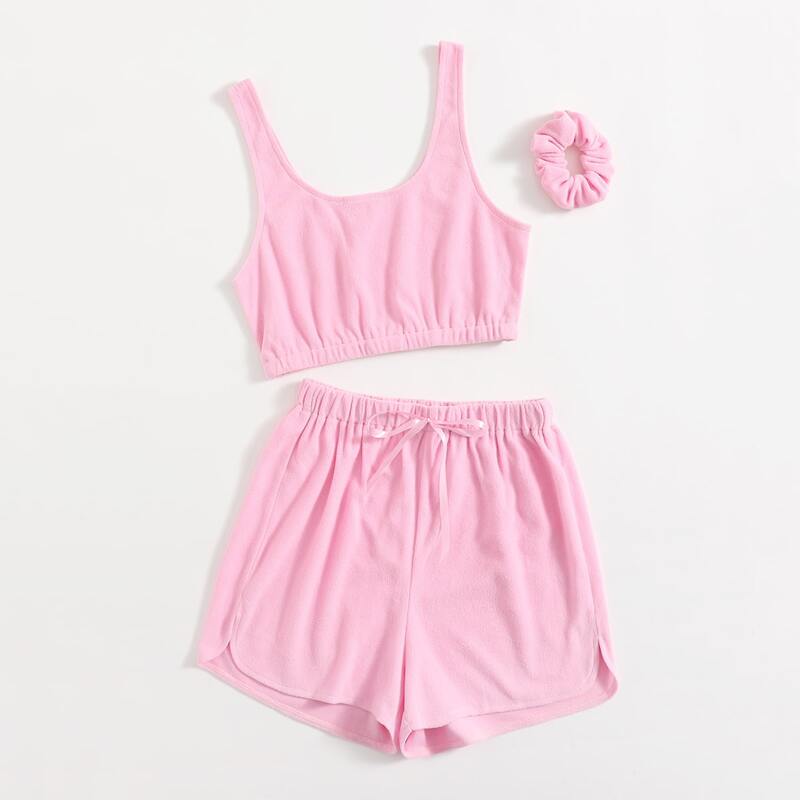 

Fleece Crop Tank Top & Shorts With Scrunchie, Pink
