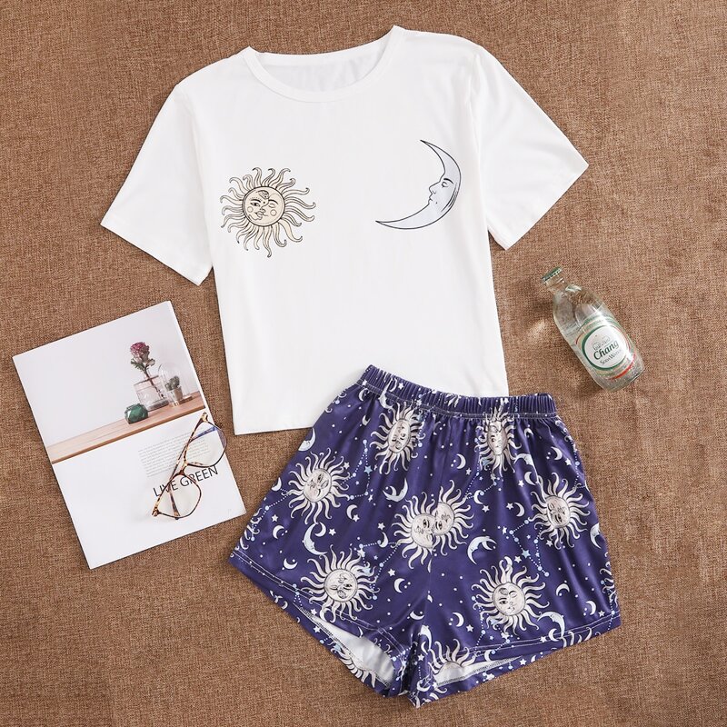 

Abstract Sun And Moon Print PJ Set, Blue and white