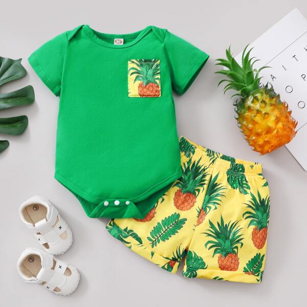 

Baby Boy Pineapple & Tropical Print Tee Bodysuit With Shorts, Multicolor