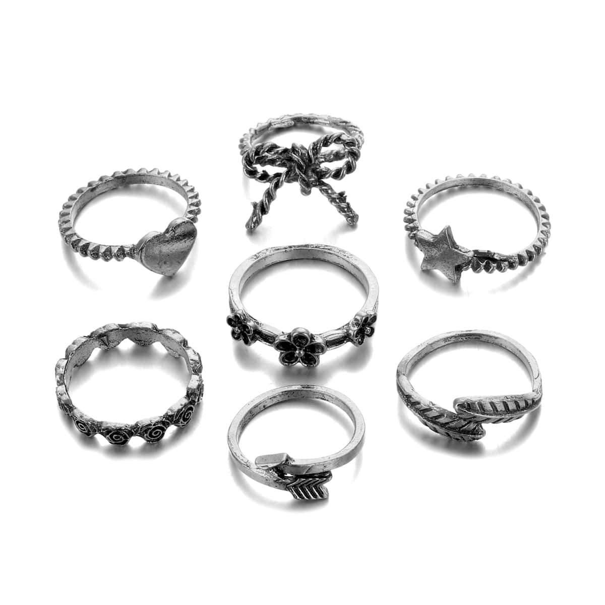 

7pcs Heart & Star Design Ring, Silver