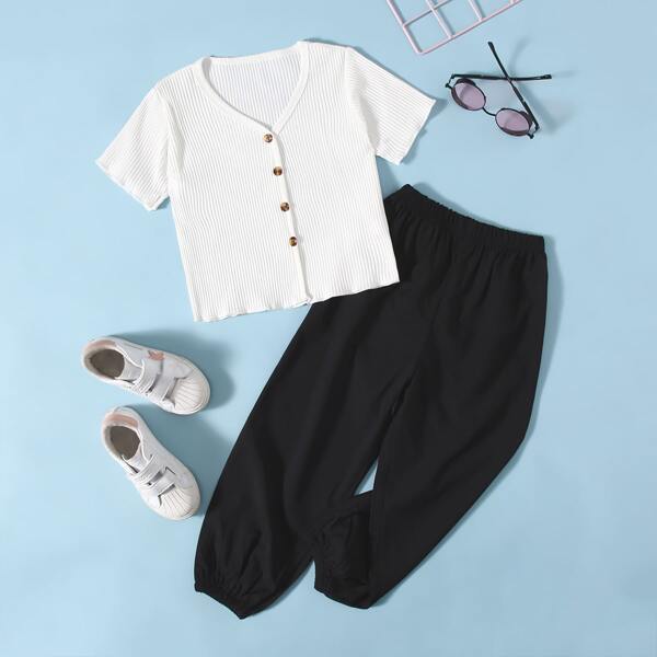 

Toddler Girls Button Front Top With Sweatpants, Black and white