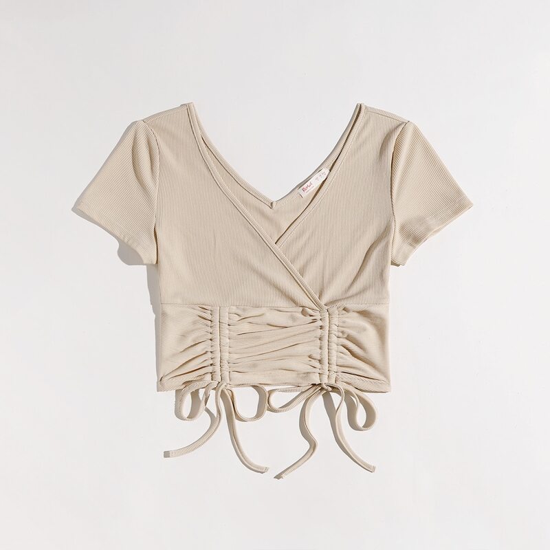 

Solid Drawstring Wrap Ribbed Tee, Apricot