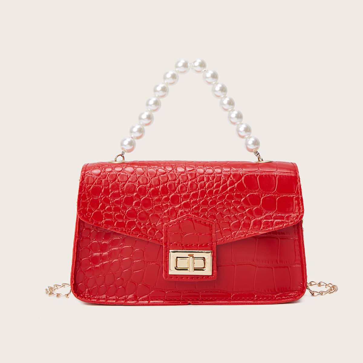

Croc Embossed Faux Pearl Handle Satchel Bag, Red