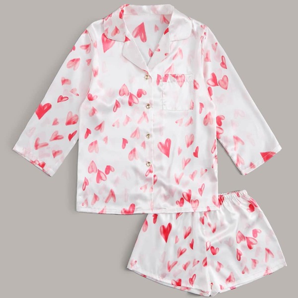 

Satin Heart Print Pocket Front Night Set, White