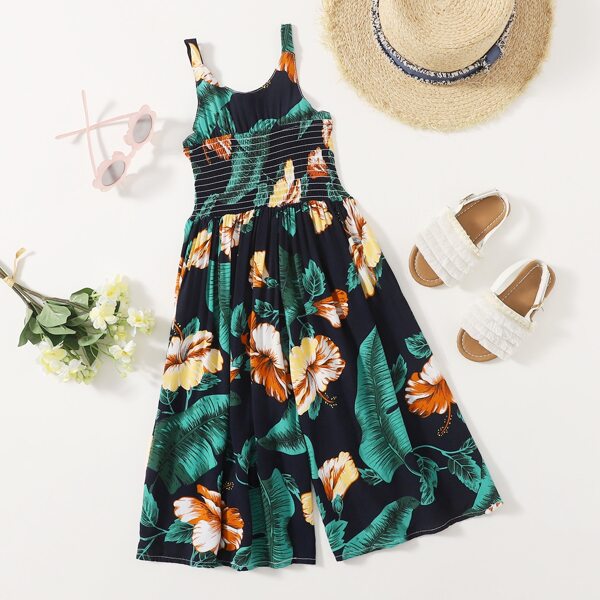 

Toddler Girls Shirred Waist Tropical Print Jumpsuit, Multicolor
