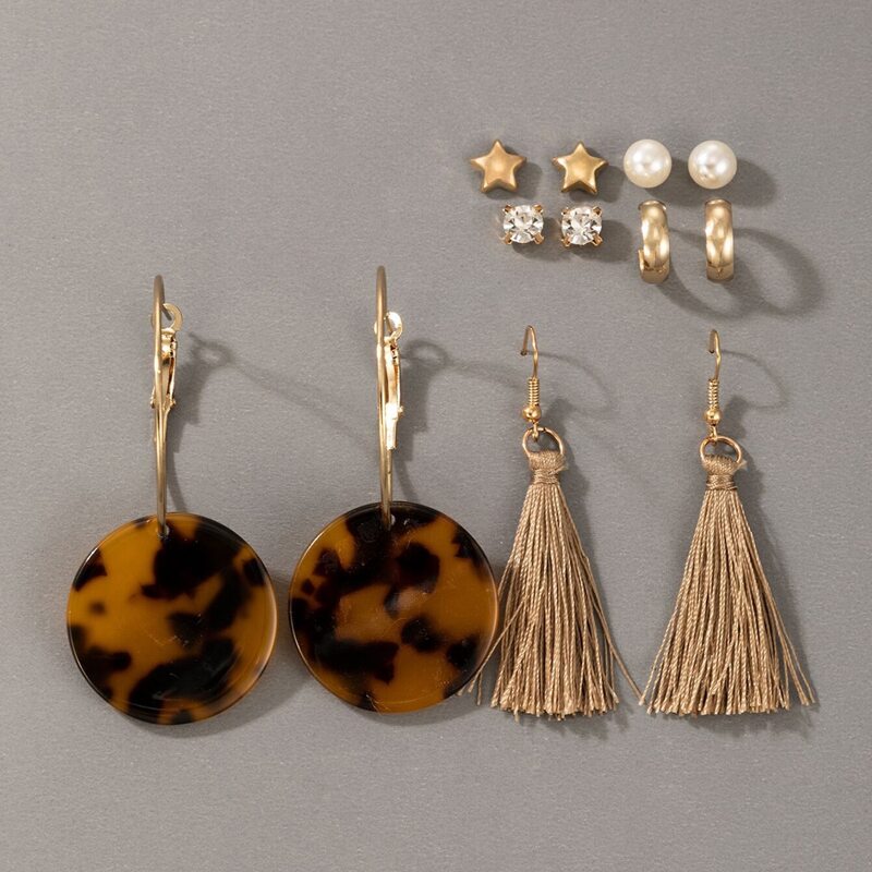 

6pairs Faux Pearl & Tassel Design Earrings, Gold
